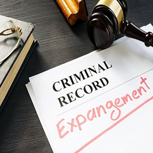 Expungement: Legal documents stamped with "Expungement" next to a gavel, showing record sealing services.