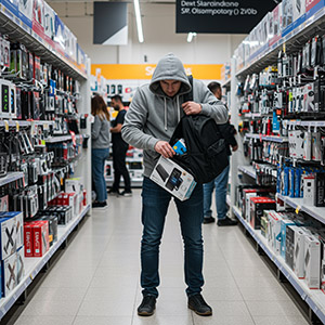 Man in a gray hoodie concealing items while walking through a grocery store aisle.