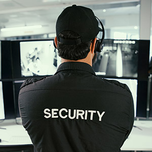 Back view of a security officer in uniform looking toward a building, symbolizing law enforcement oversight.