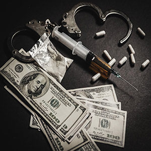 Handcuffs next to prescription pill bottles and cash: legal penalties for drug fraud.