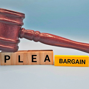 Legal gavel with wooden blocks spelling Plea Bargain for criminal law defense services.